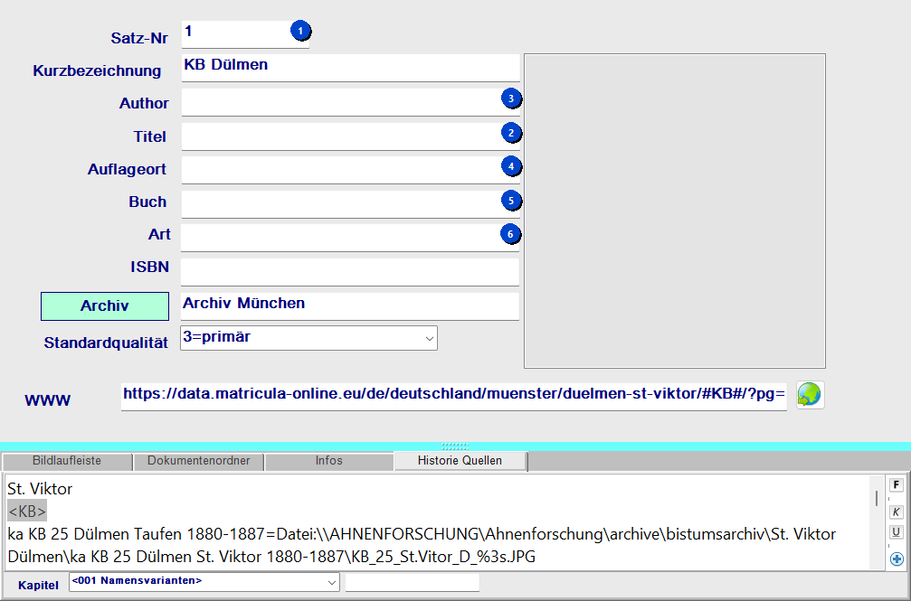 Quellenverwaltung – alle Felder mit Callouts beschriftet