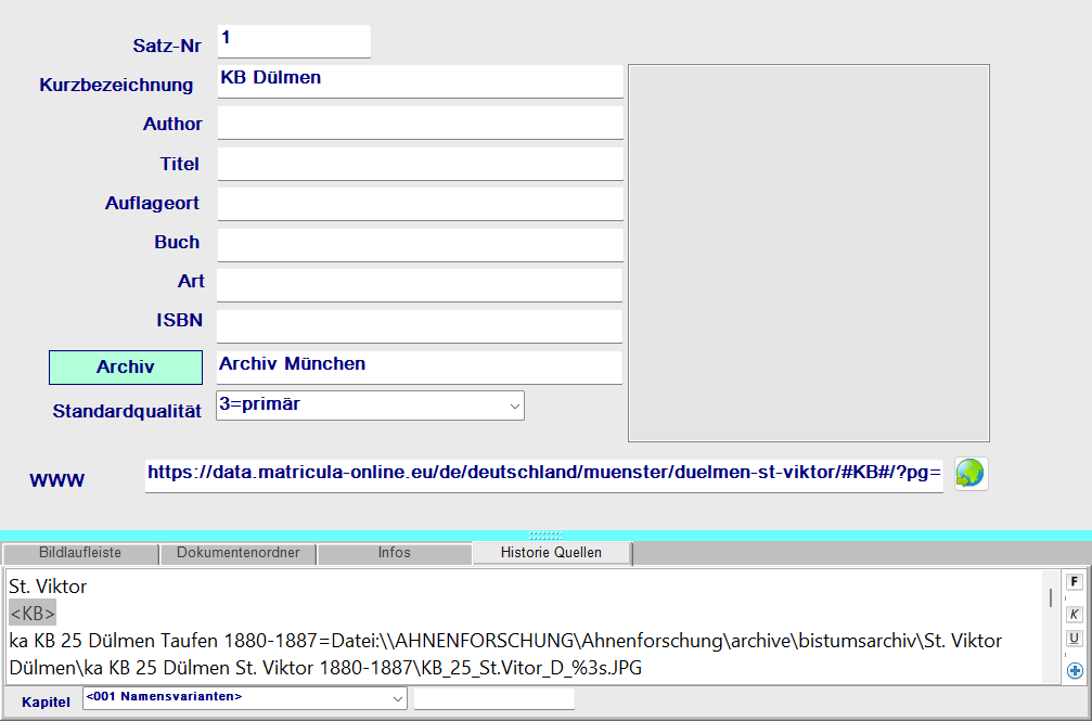 Gesamtansicht Quellenverwaltung mit ausgefüllten Feldern
