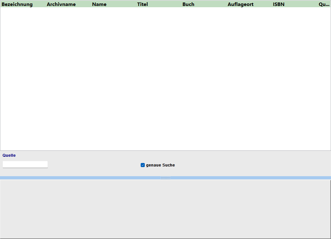 Quellen-Suchdialog mit Trefferliste und Eingabefeldern