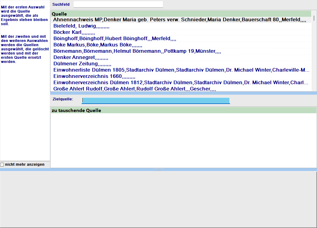 Quellen-Tauschen-Dialog mit Suchliste und Auswahl