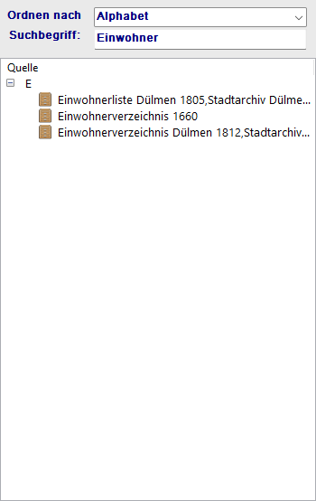 Quellenbaum in der linken Navigationsleiste