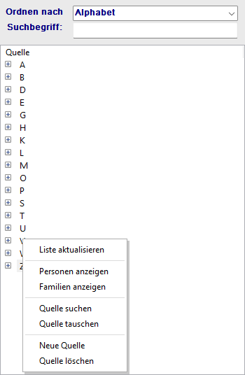 Kontextmenü des Quellenbaums mit allen Einträgen