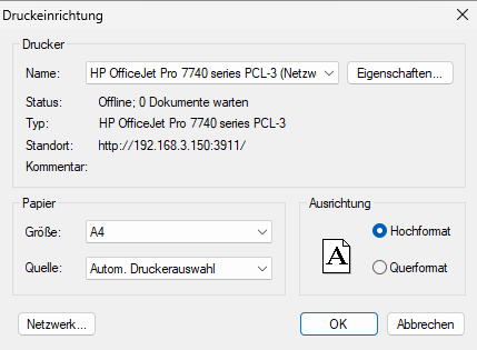 Druckeinstellungs-Dialog mit Drucker, Papierformat und weiteren Optionen