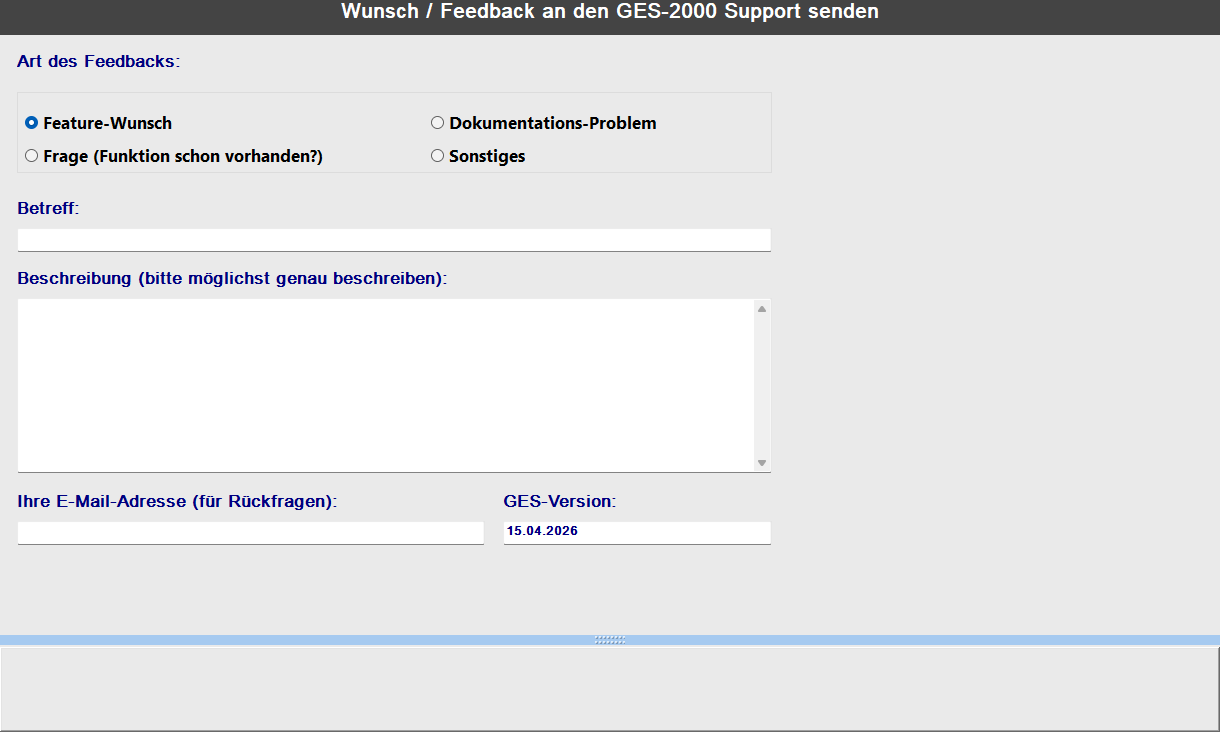Formular Wunsch / Feedback senden mit Typ, Betreff, Beschreibung und E-Mail